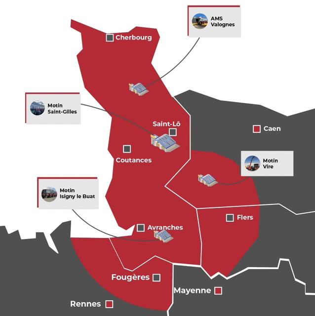Carte de la zone de distribution exclusive Massey Ferguson par Motin SAS en Normandie et Bretagne
